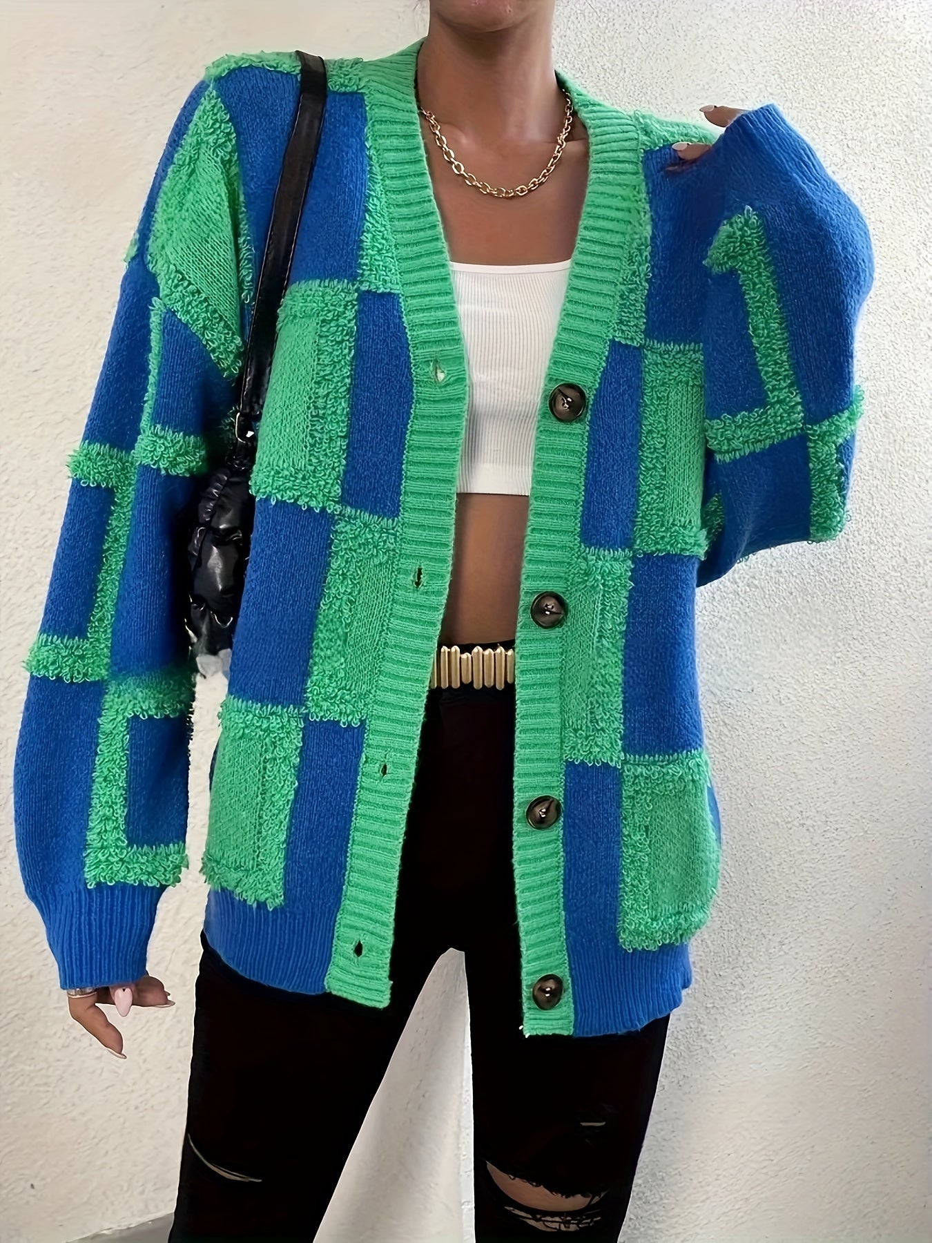 Green & Blue Textured Checkerboard Oversized Cardigan