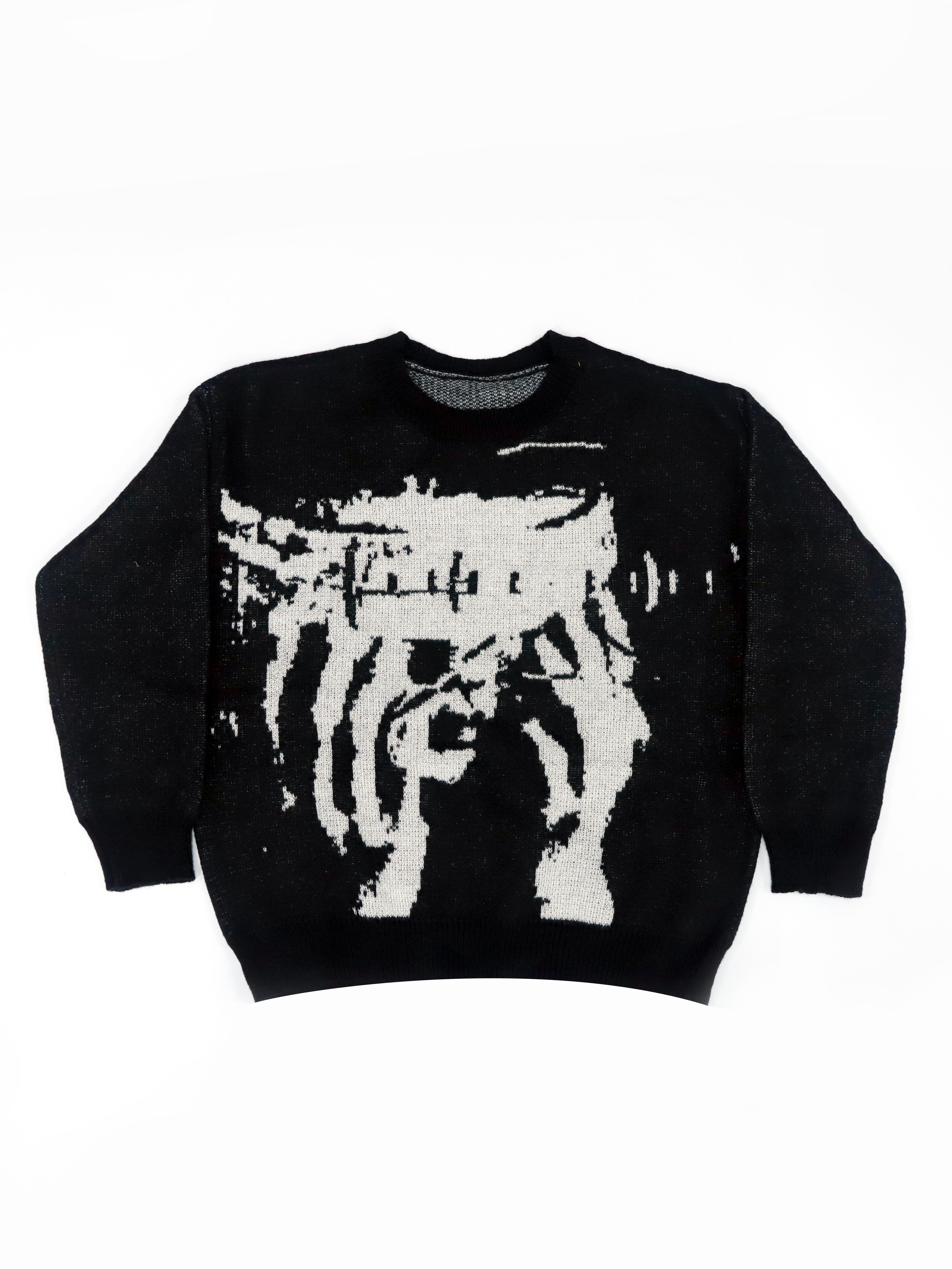 Black Abstract Face Graphic Oversized Knit Sweater