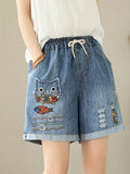 Cat & Fish Embroidered Elastic-Waist Denim Shorts