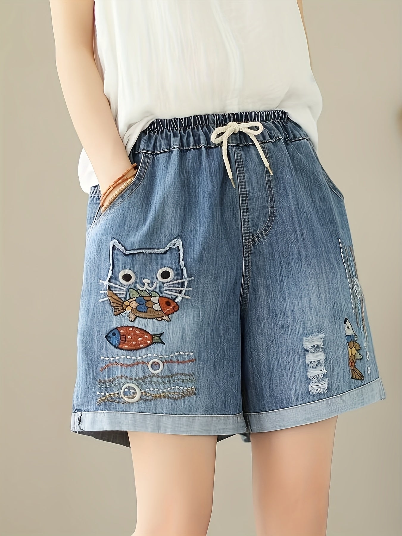 Cat & Fish Embroidered Elastic-Waist Denim Shorts