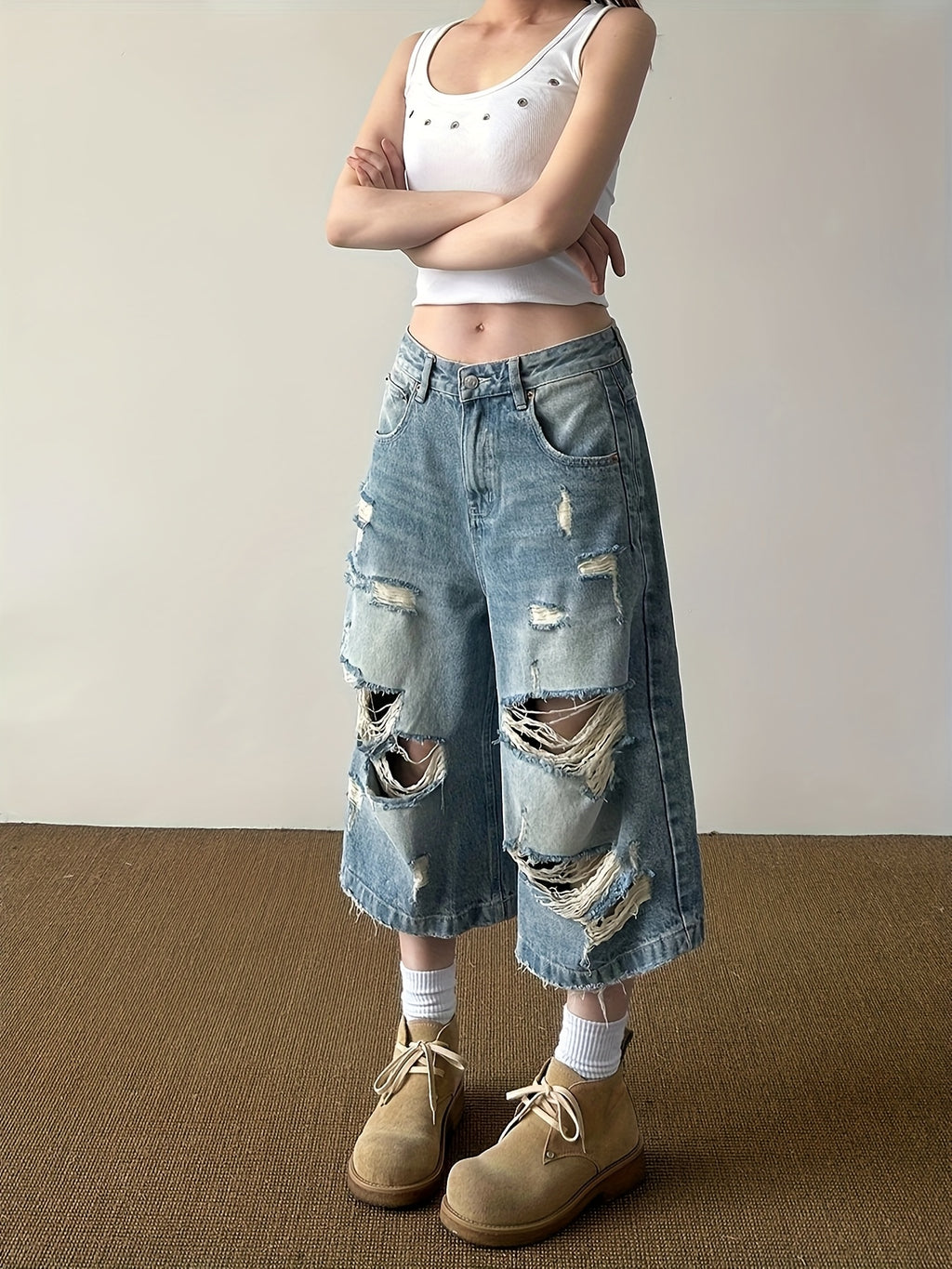 Distressed Wide-Leg Denim Culottes