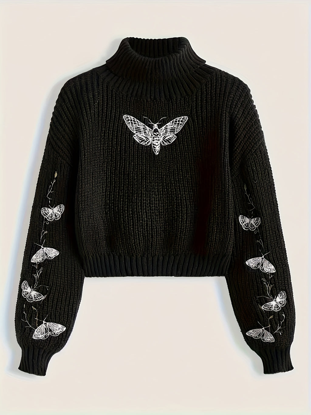 Black Moth Embroidered Cropped Turtleneck Sweater