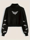 Black Moth Embroidered Cropped Turtleneck Sweater