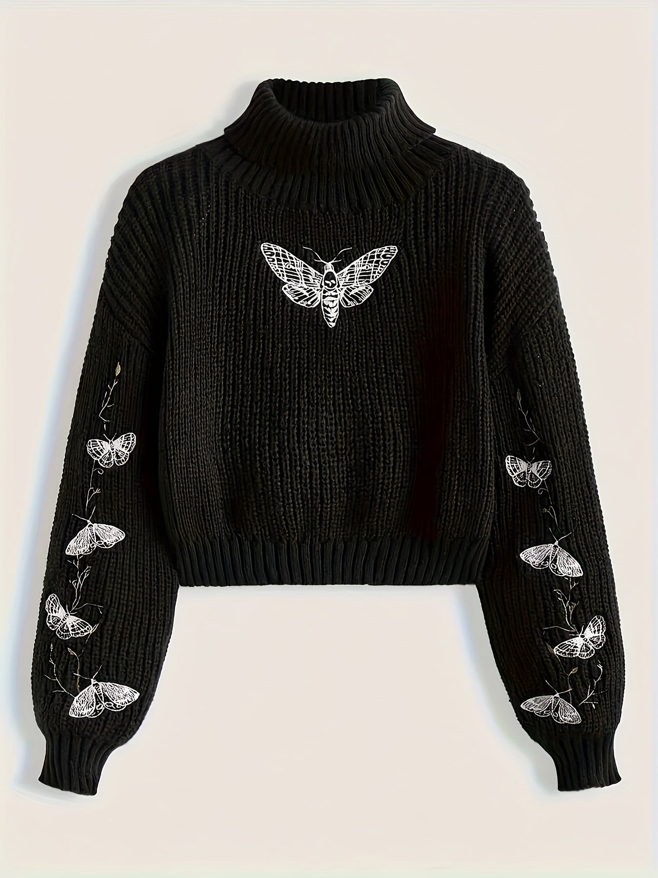Black Moth Embroidered Cropped Turtleneck Sweater
