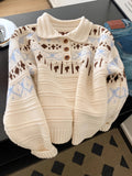 Cream Fair Isle Pattern Half-Button Knit Sweater