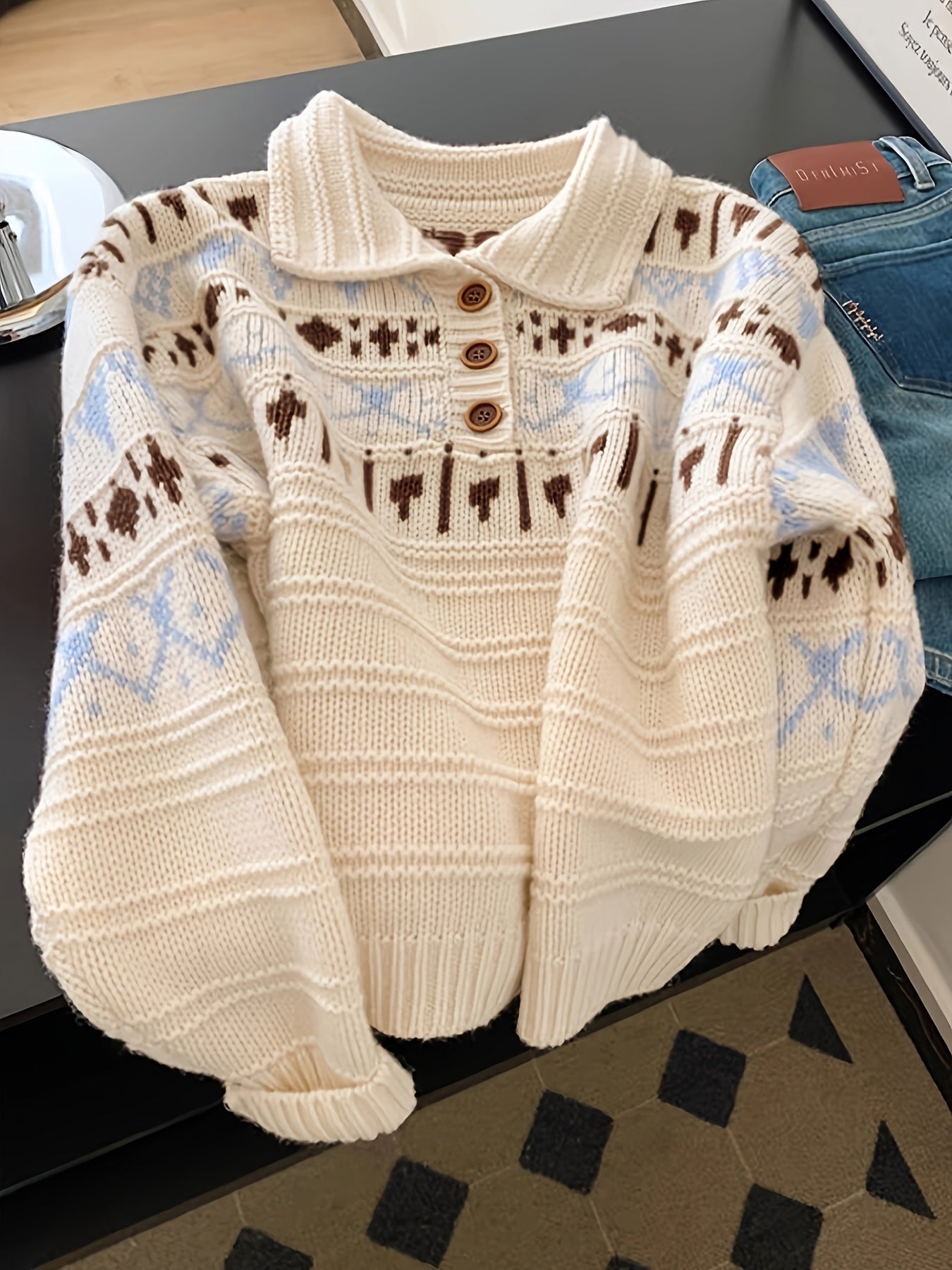 Cream Fair Isle Pattern Half-Button Knit Sweater