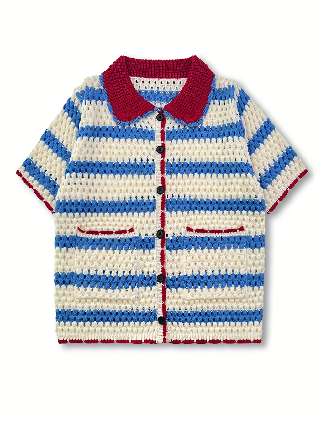 Red, White & Blue Striped Crochet Knit Shirt