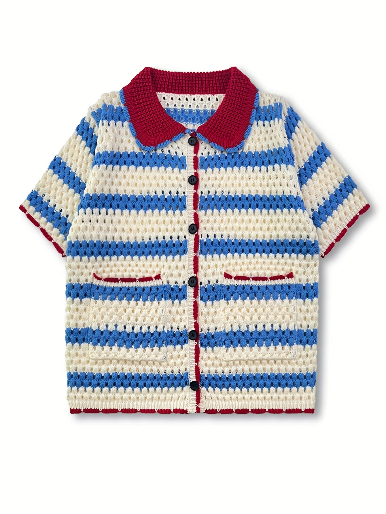 Red, White & Blue Striped Crochet Knit Shirt