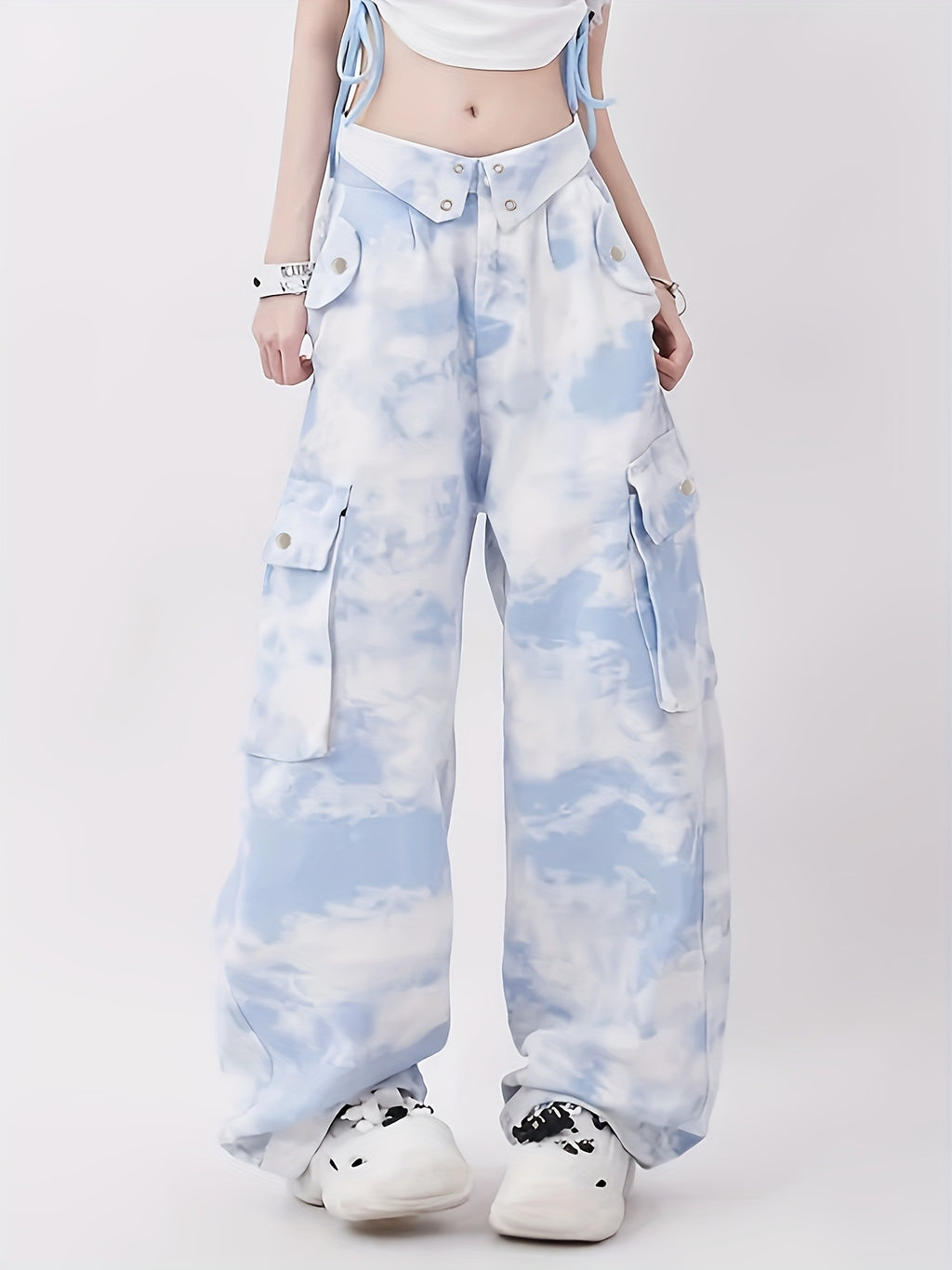 Sky Print Wide-Leg Cargo Pants
