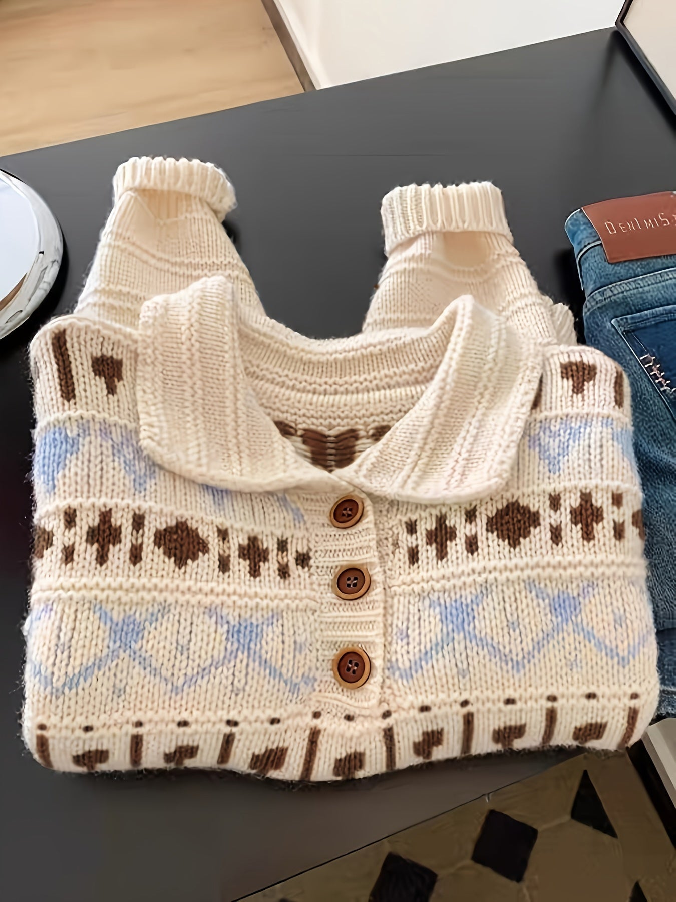 Cream Fair Isle Pattern Half-Button Knit Sweater