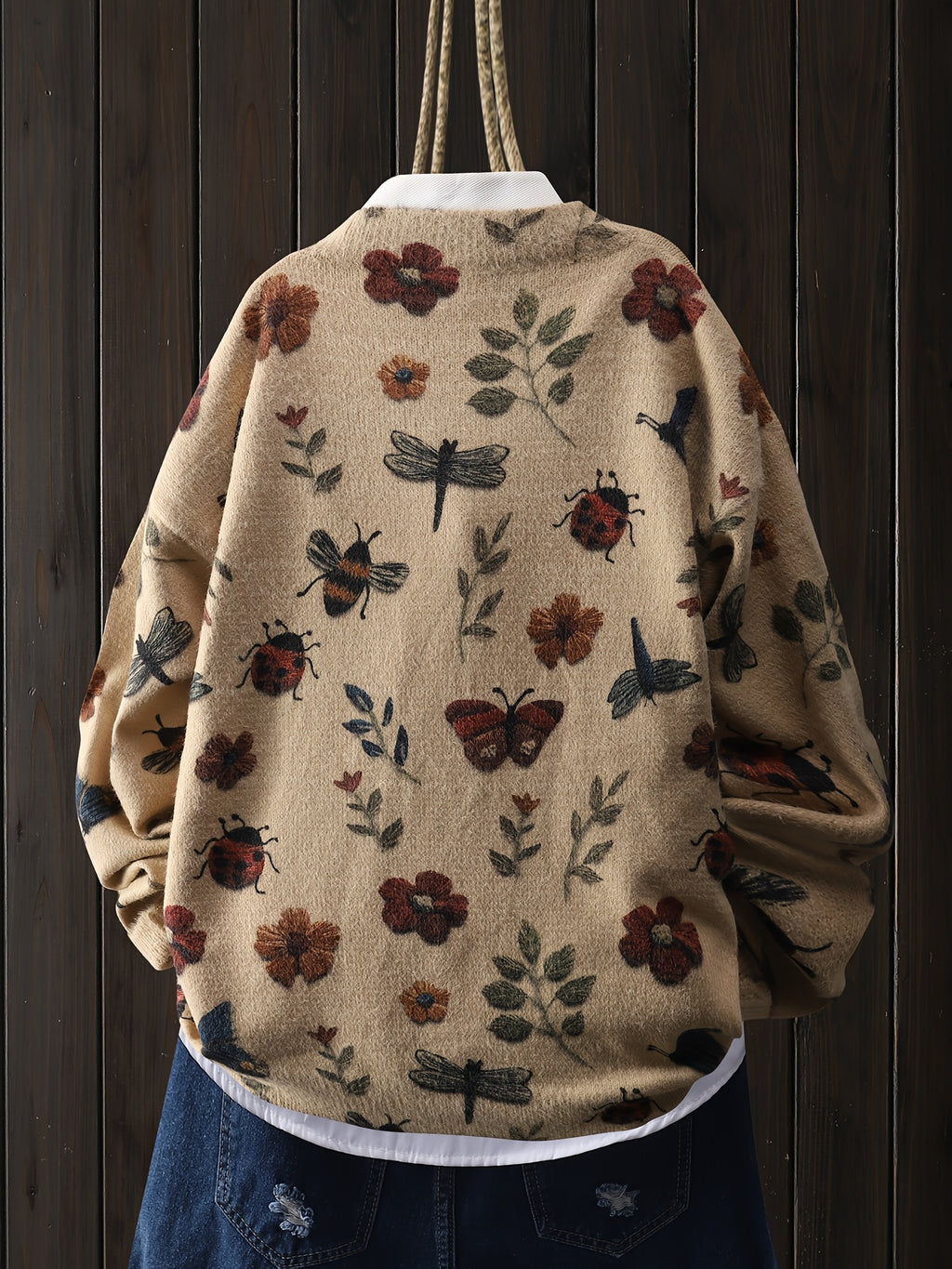 Nature-Inspired Insect & Floral Fuzzy Oversized Sweater