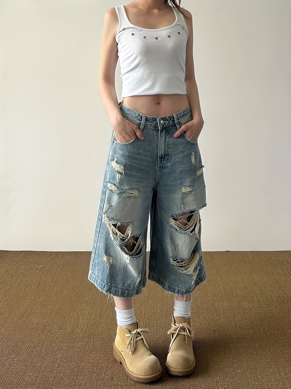 Distressed Wide-Leg Denim Culottes