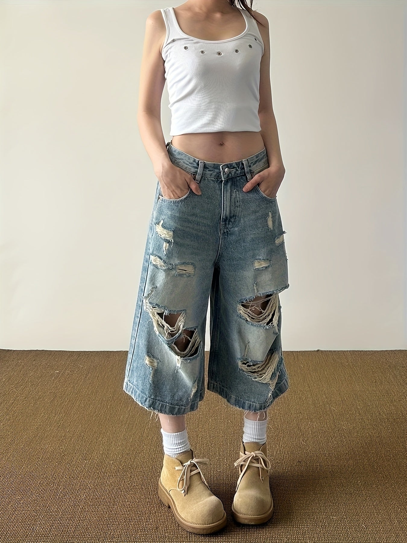 Distressed Wide-Leg Denim Culottes