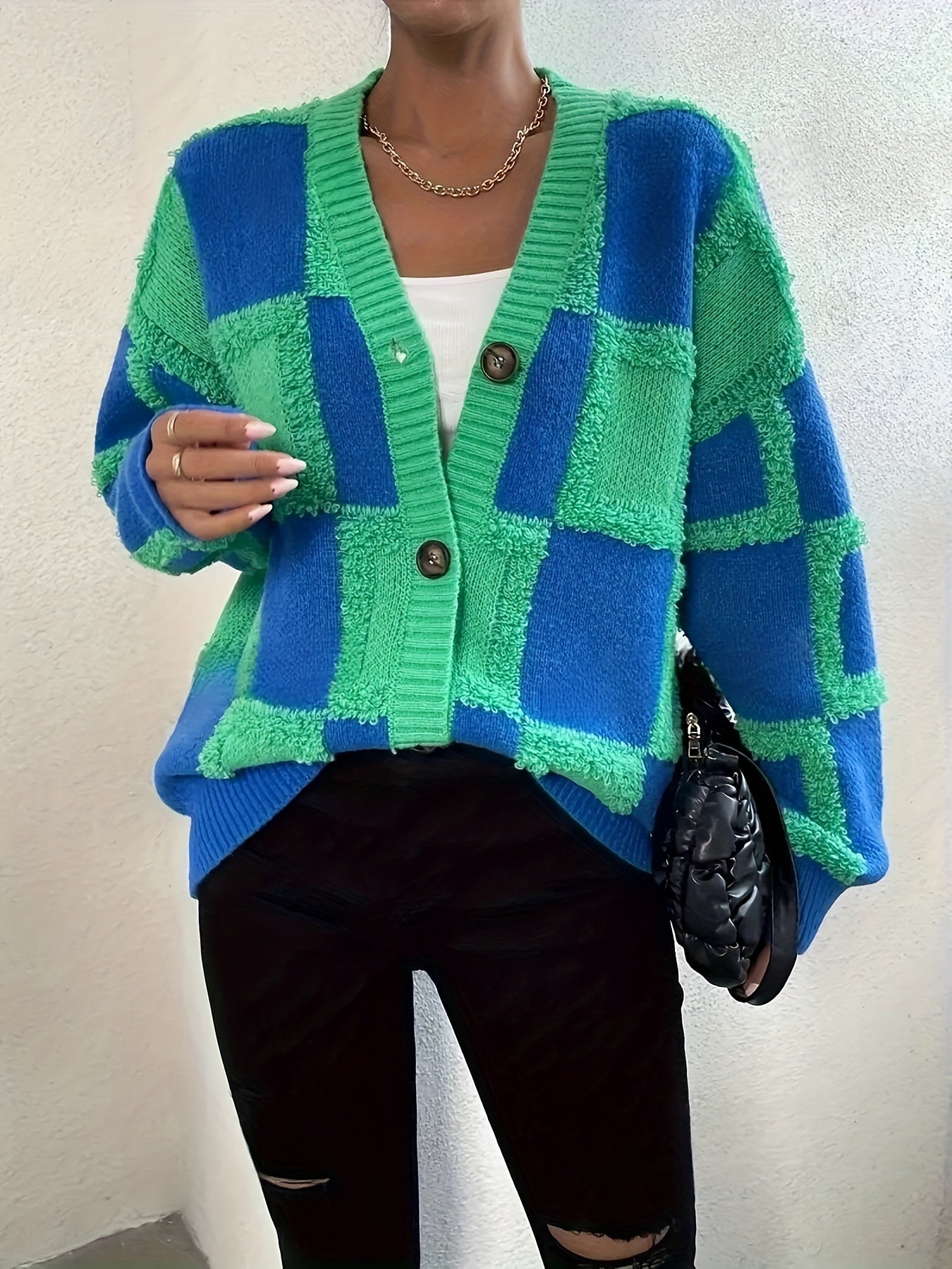 Green & Blue Textured Checkerboard Oversized Cardigan