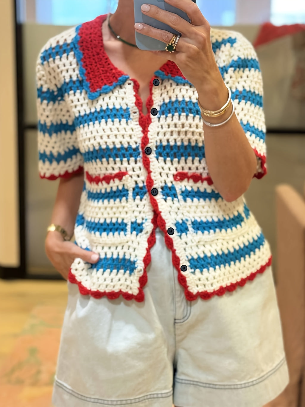 Red, White & Blue Striped Crochet Knit Shirt