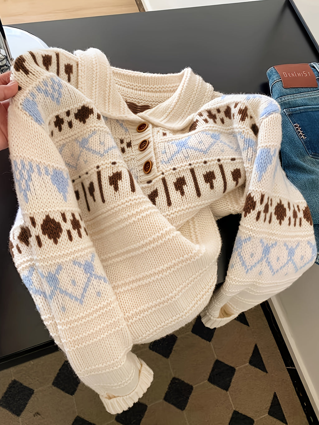 Cream Fair Isle Pattern Half-Button Knit Sweater