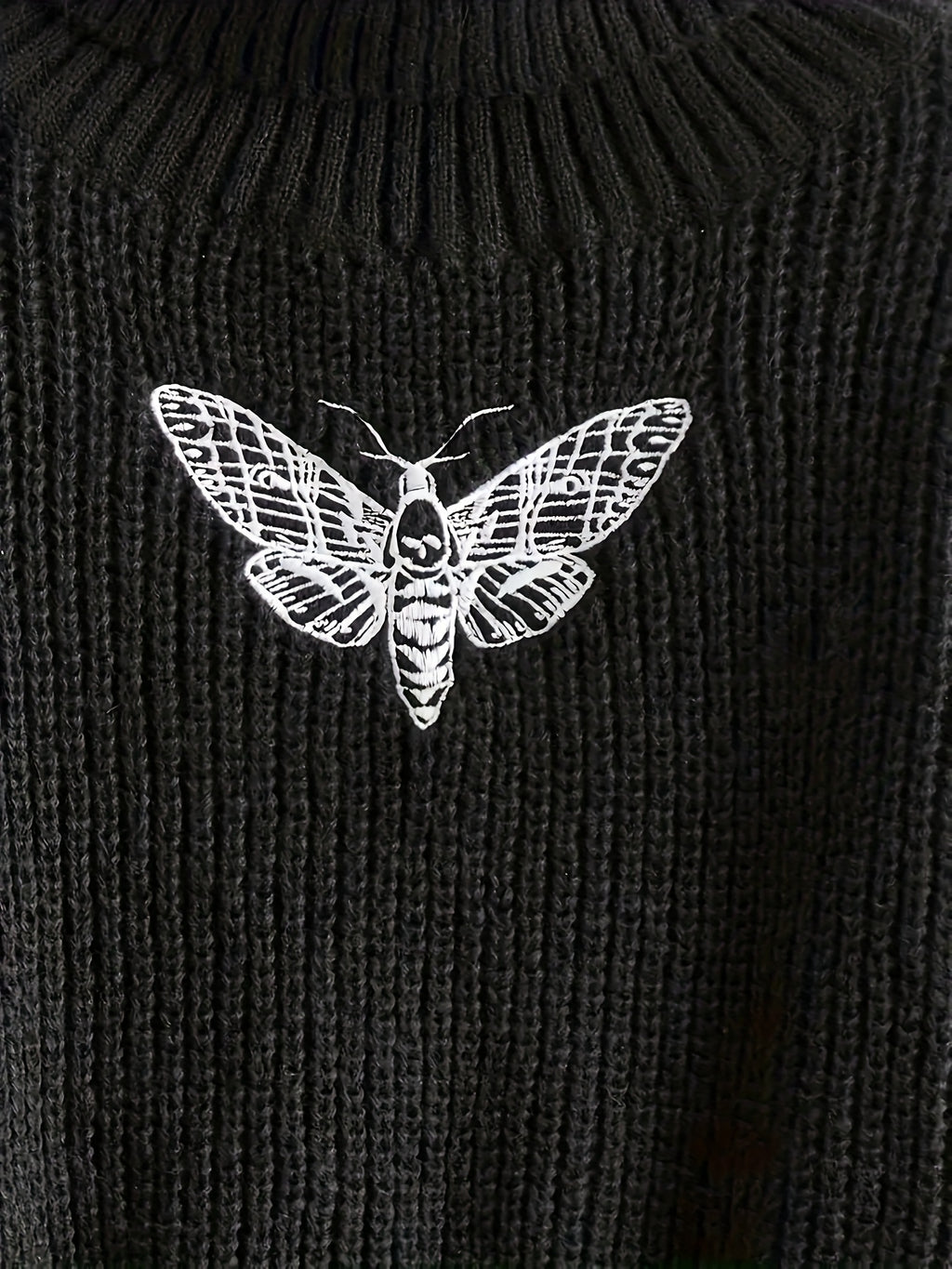 Black Moth Embroidered Cropped Turtleneck Sweater