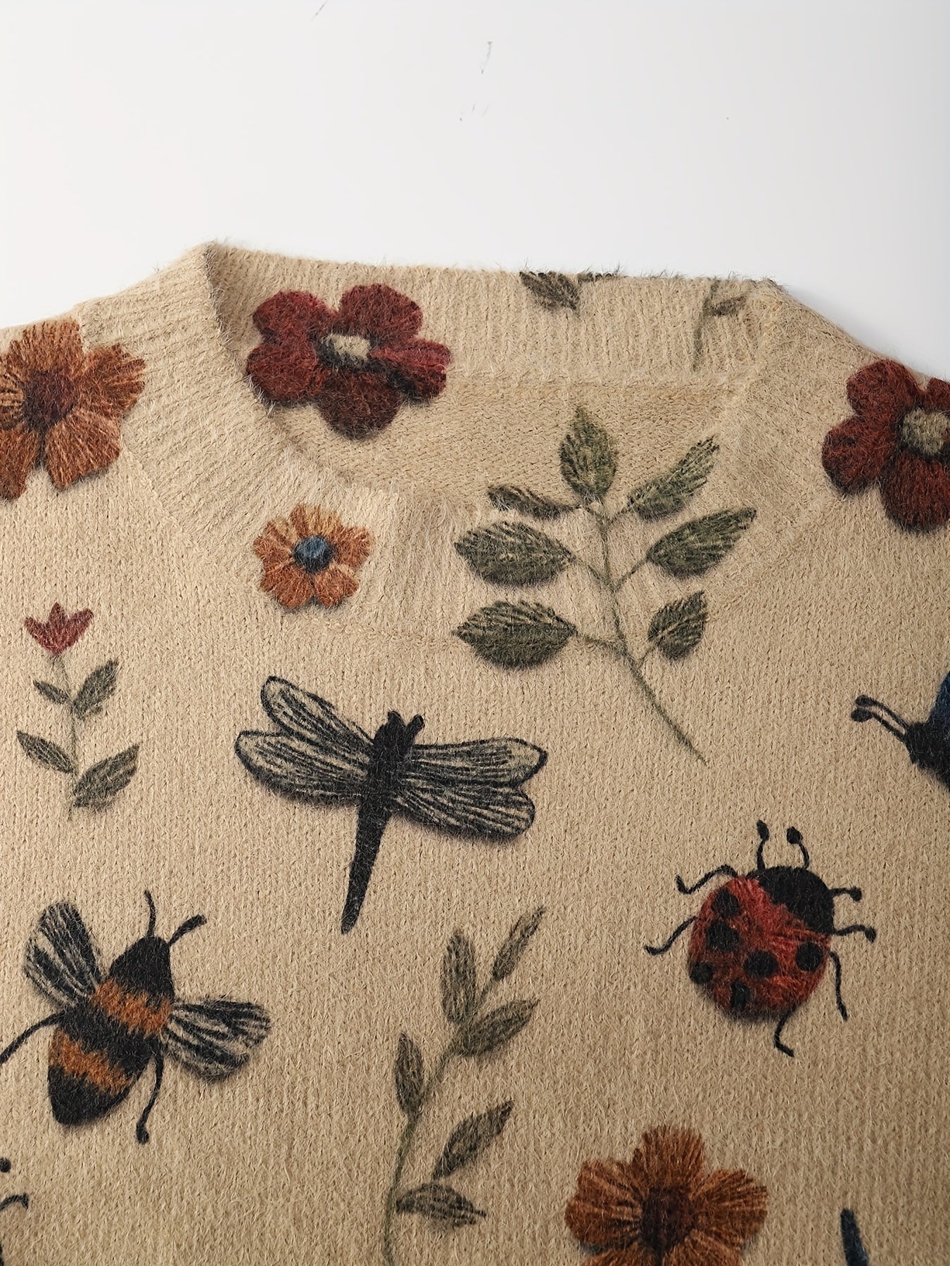 Nature-Inspired Insect & Floral Fuzzy Oversized Sweater