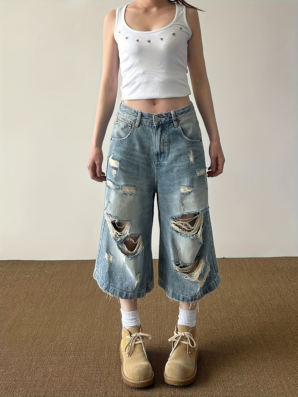 Distressed Wide-Leg Denim Culottes