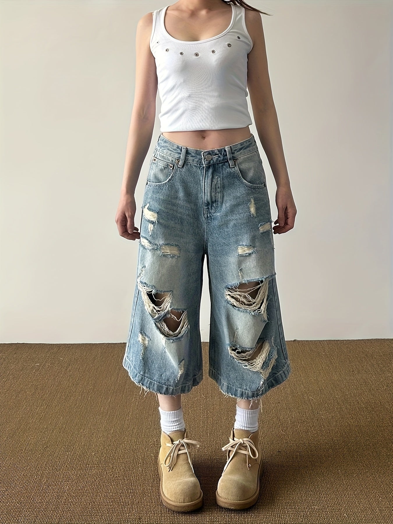 Distressed Wide-Leg Denim Culottes