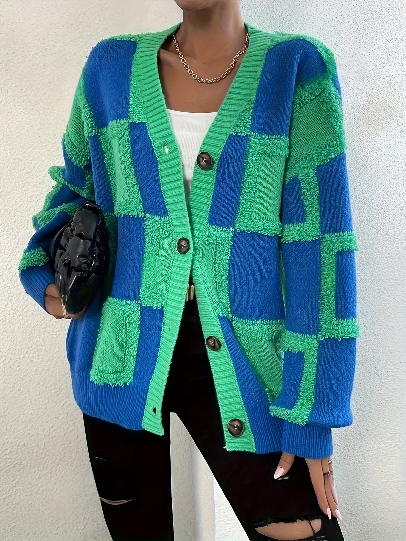 Green & Blue Textured Checkerboard Oversized Cardigan