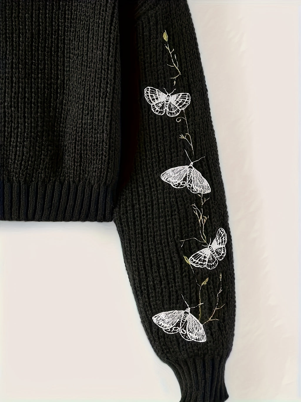 Black Moth Embroidered Cropped Turtleneck Sweater