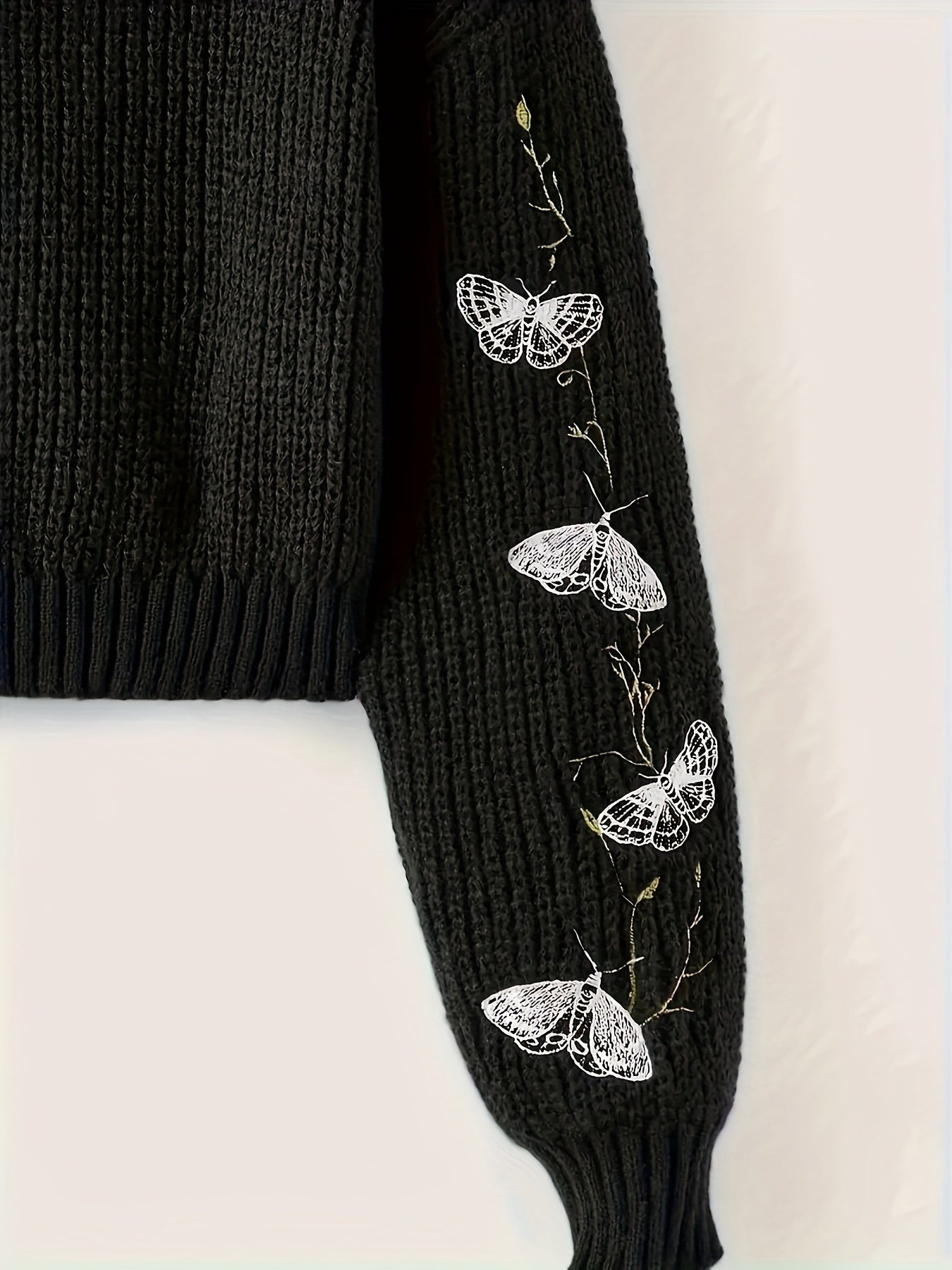 Black Moth Embroidered Cropped Turtleneck Sweater
