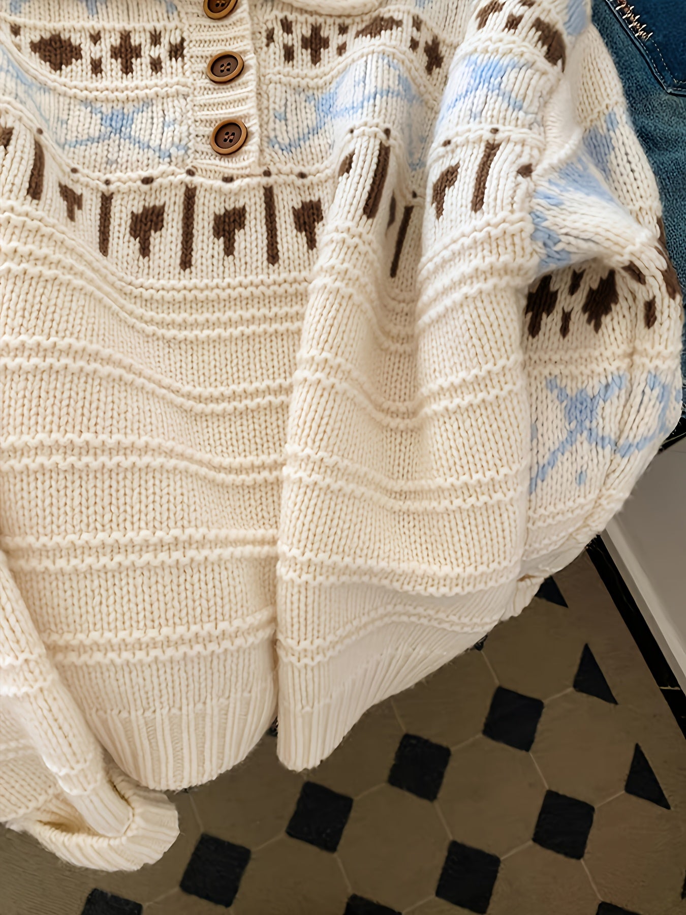 Cream Fair Isle Pattern Half-Button Knit Sweater