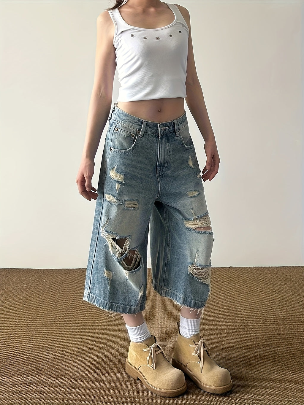 Distressed Wide-Leg Denim Culottes