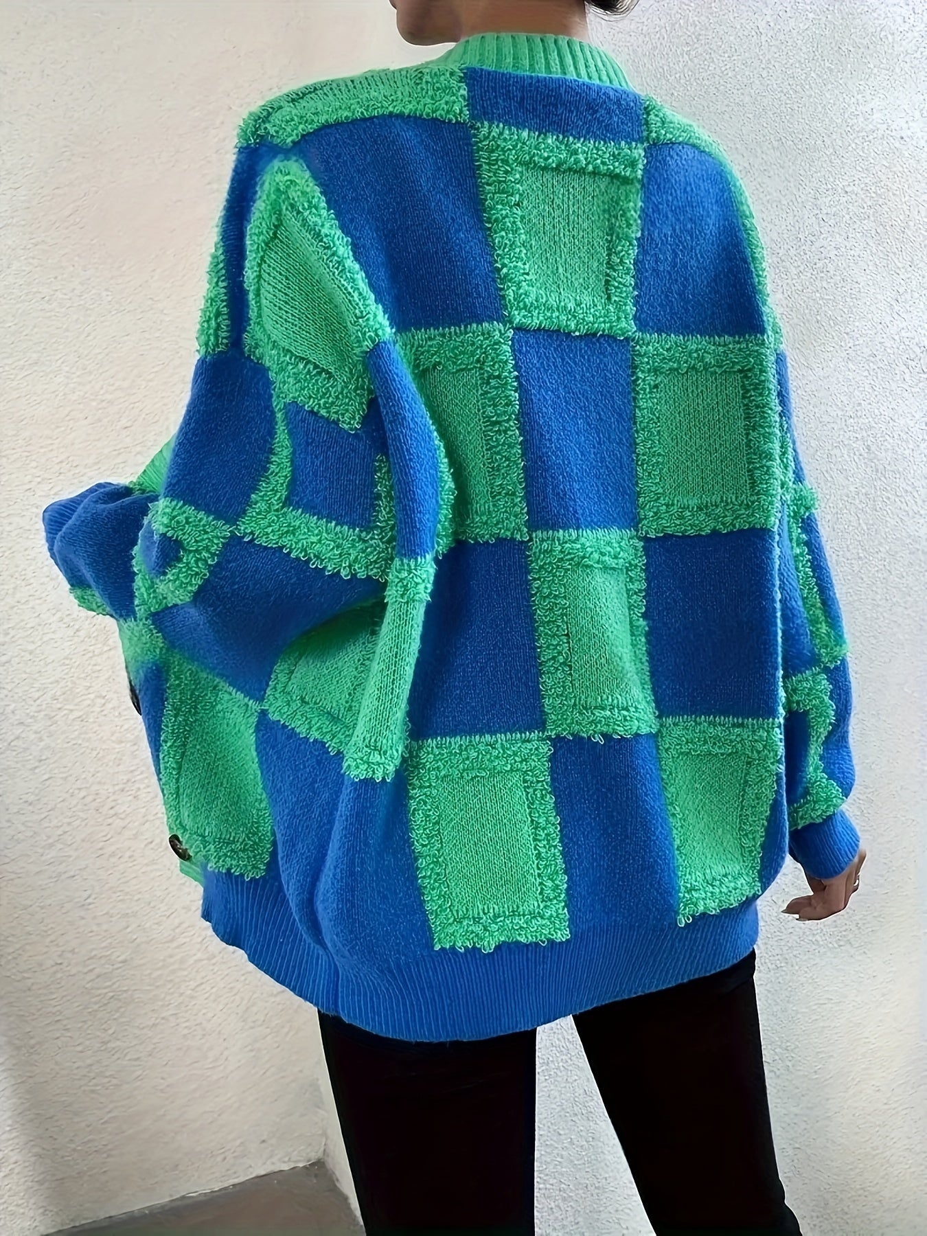 Green & Blue Textured Checkerboard Oversized Cardigan
