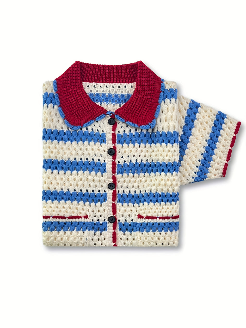 Red, White & Blue Striped Crochet Knit Shirt