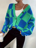 Green & Blue Textured Checkerboard Oversized Cardigan