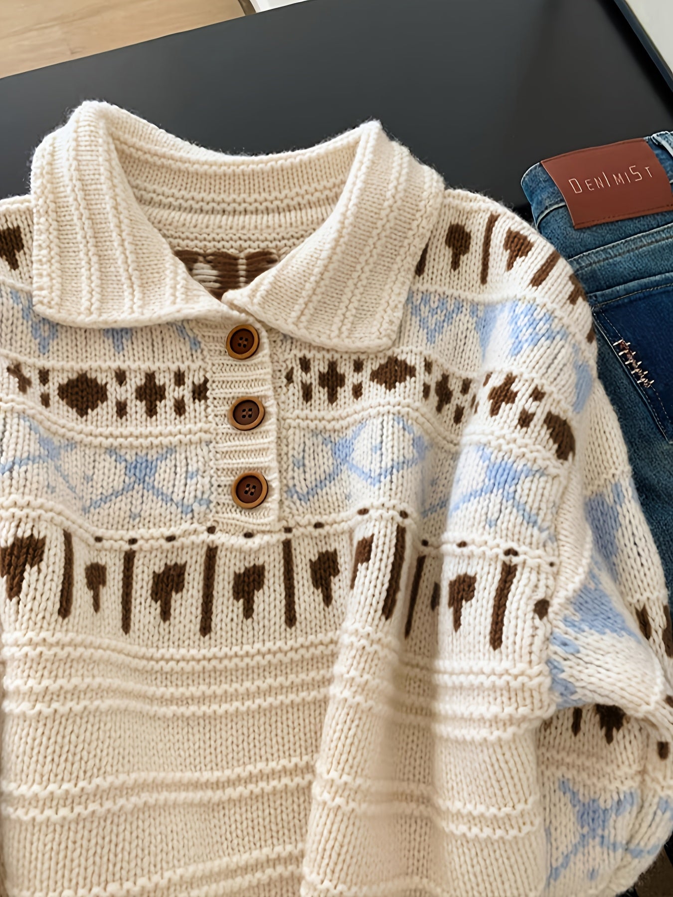 Cream Fair Isle Pattern Half-Button Knit Sweater