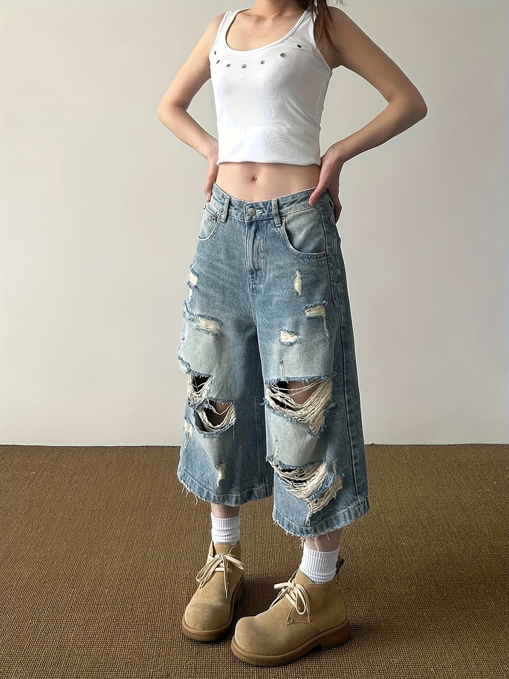 Distressed Wide-Leg Denim Culottes