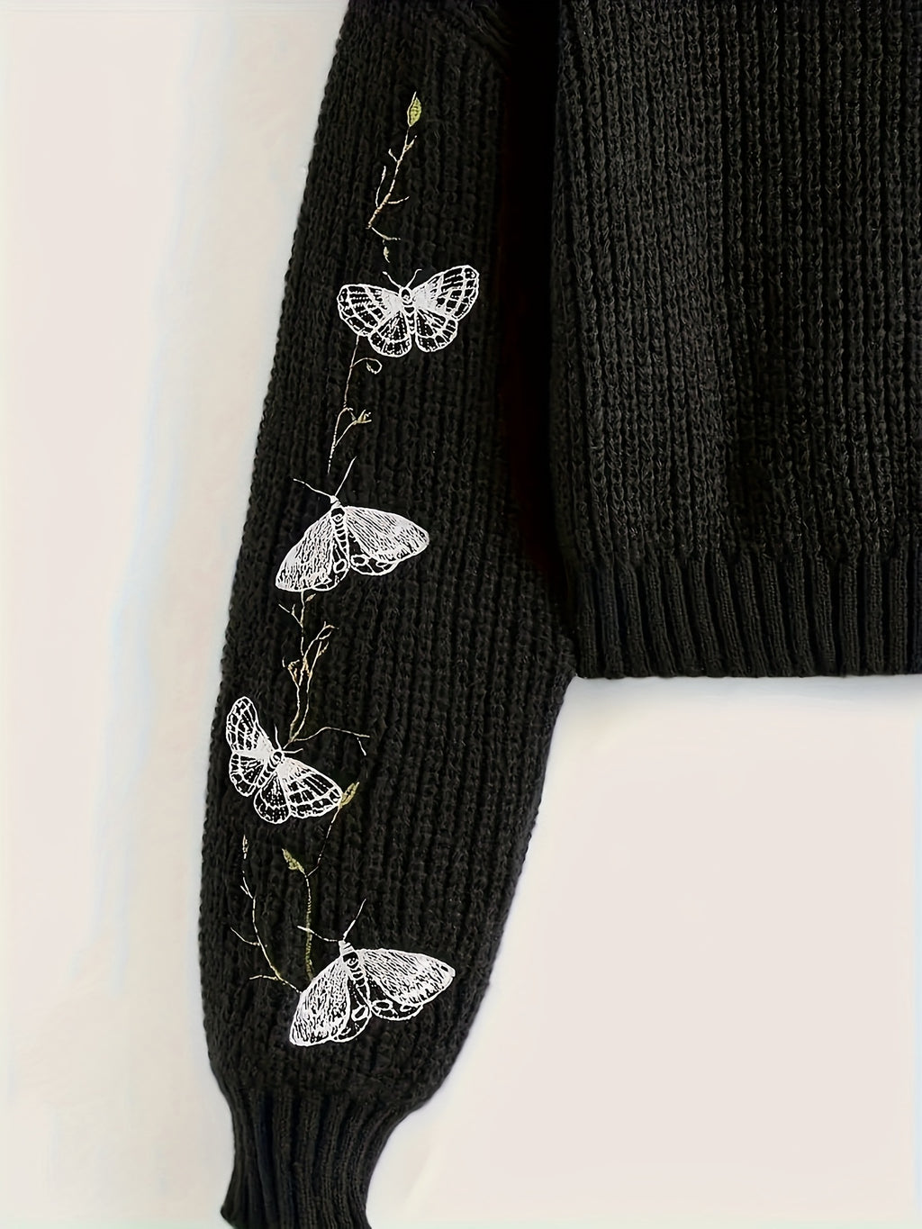 Black Moth Embroidered Cropped Turtleneck Sweater