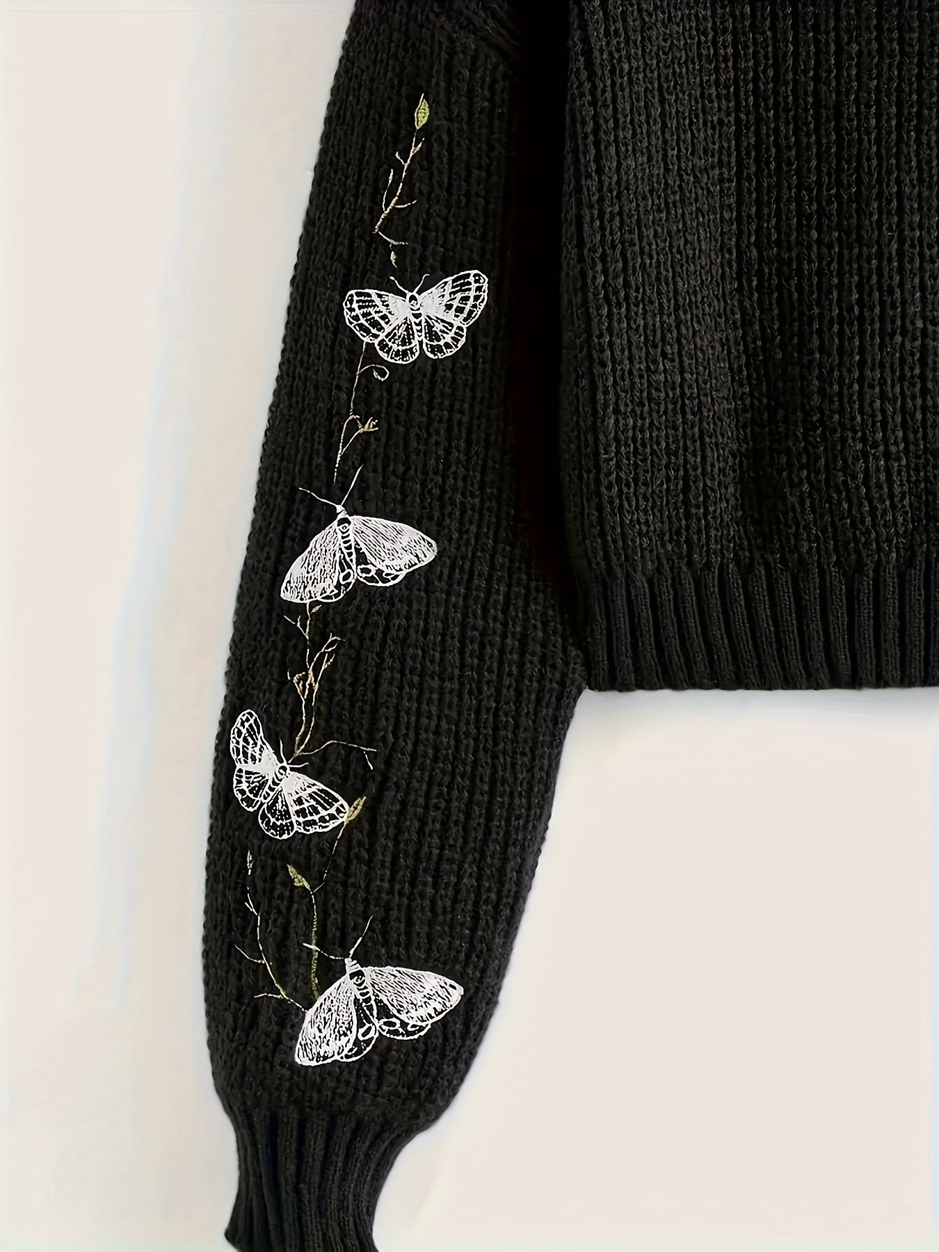 Black Moth Embroidered Cropped Turtleneck Sweater