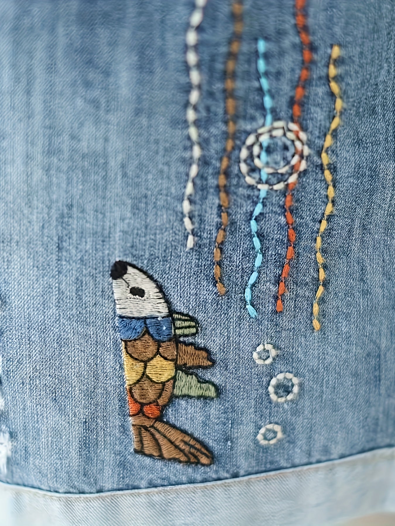 Cat & Fish Embroidered Elastic-Waist Denim Shorts