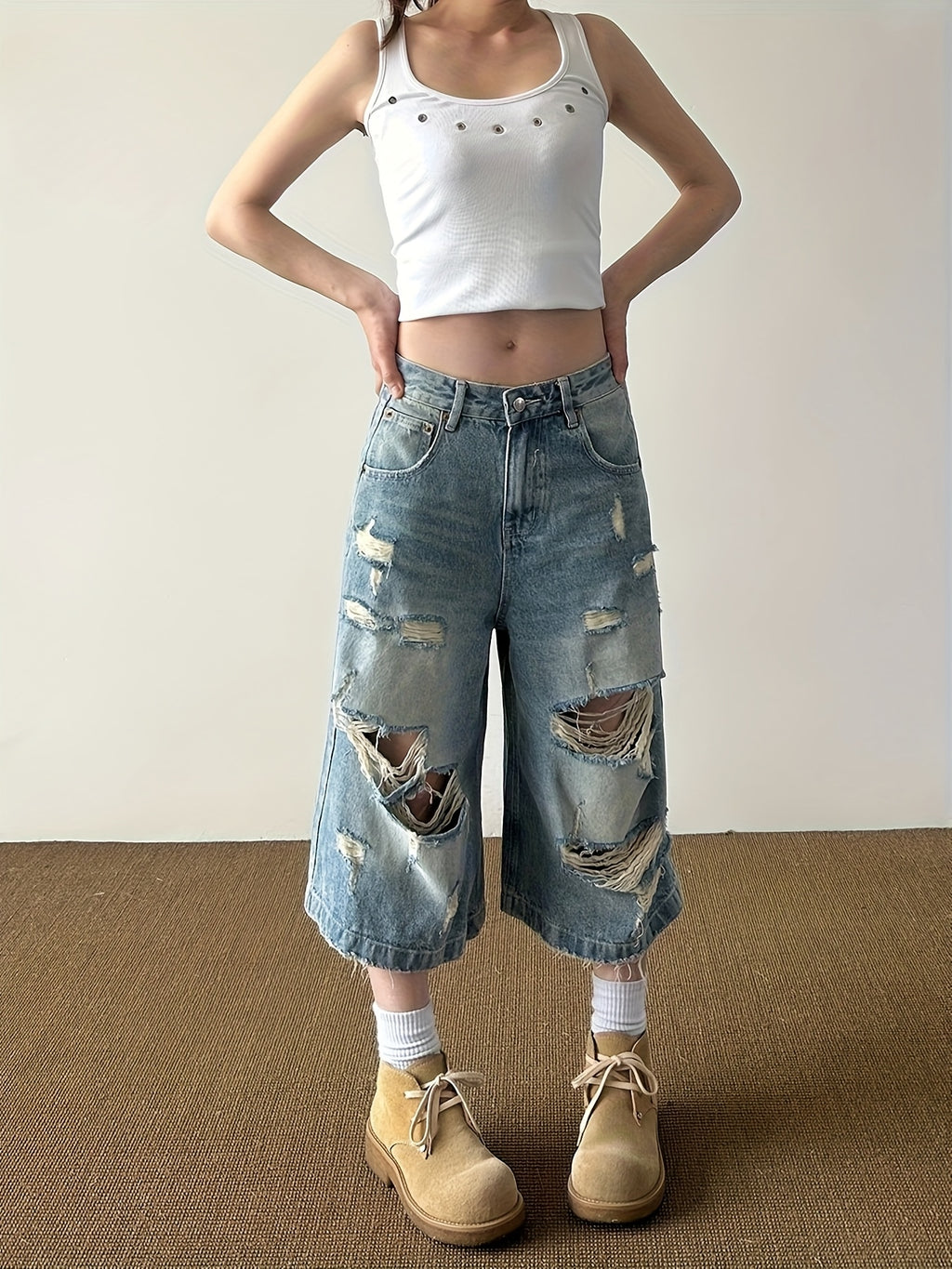 Distressed Wide-Leg Denim Culottes