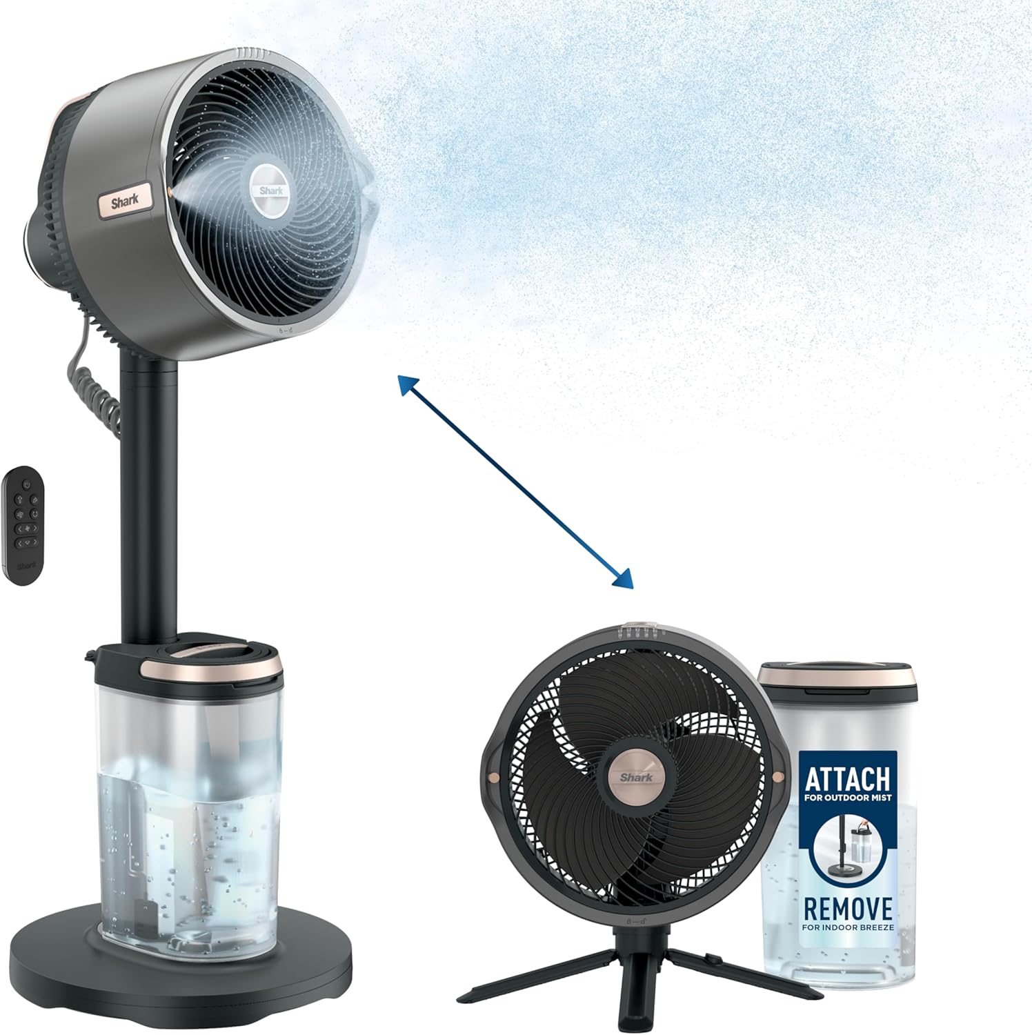 Mist Fan — Indoor & Outdoor, Integrated Misting, Pedestal to Tabletop, Corded or Cordless, Up to 24-Hr Battery, Oscillating, Charcoal Grey