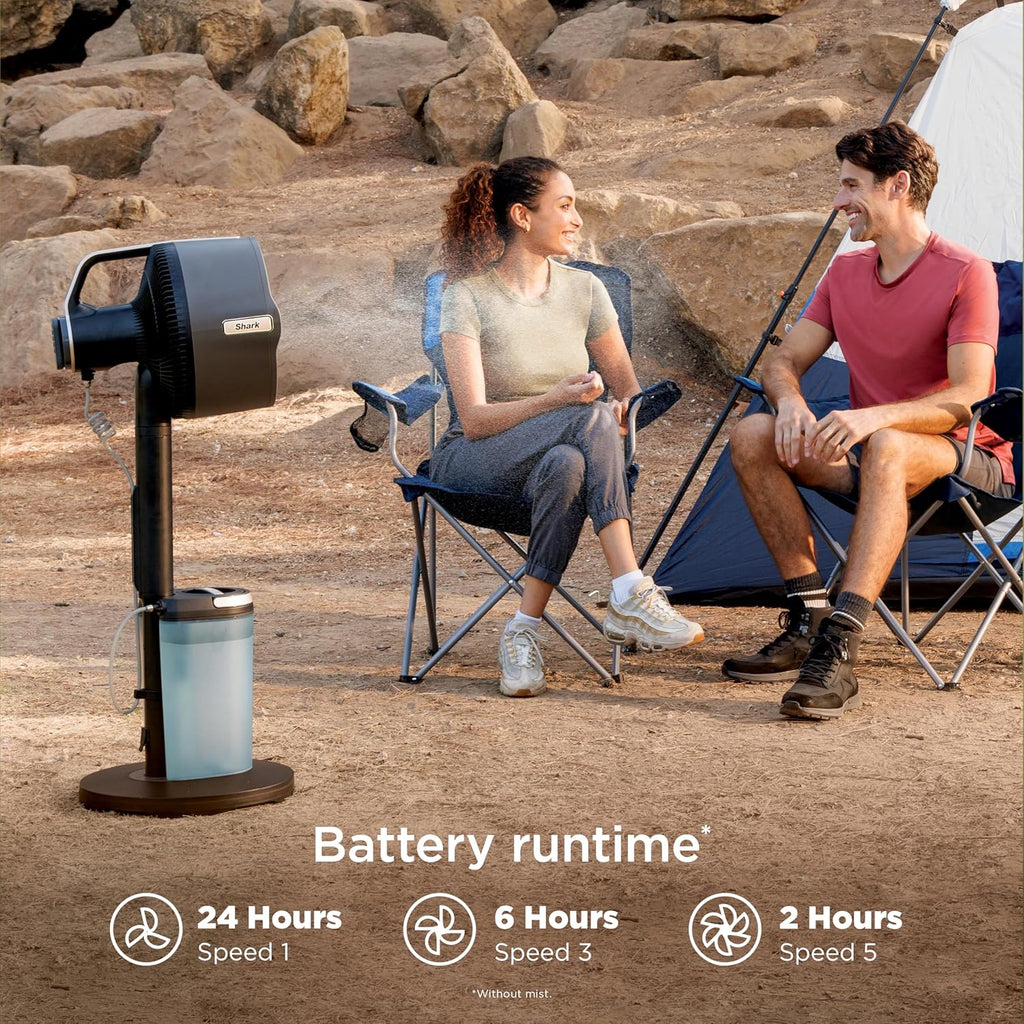 Mist Fan — Indoor & Outdoor, Integrated Misting, Pedestal to Tabletop, Corded or Cordless, Up to 24-Hr Battery, Oscillating, Charcoal Grey
