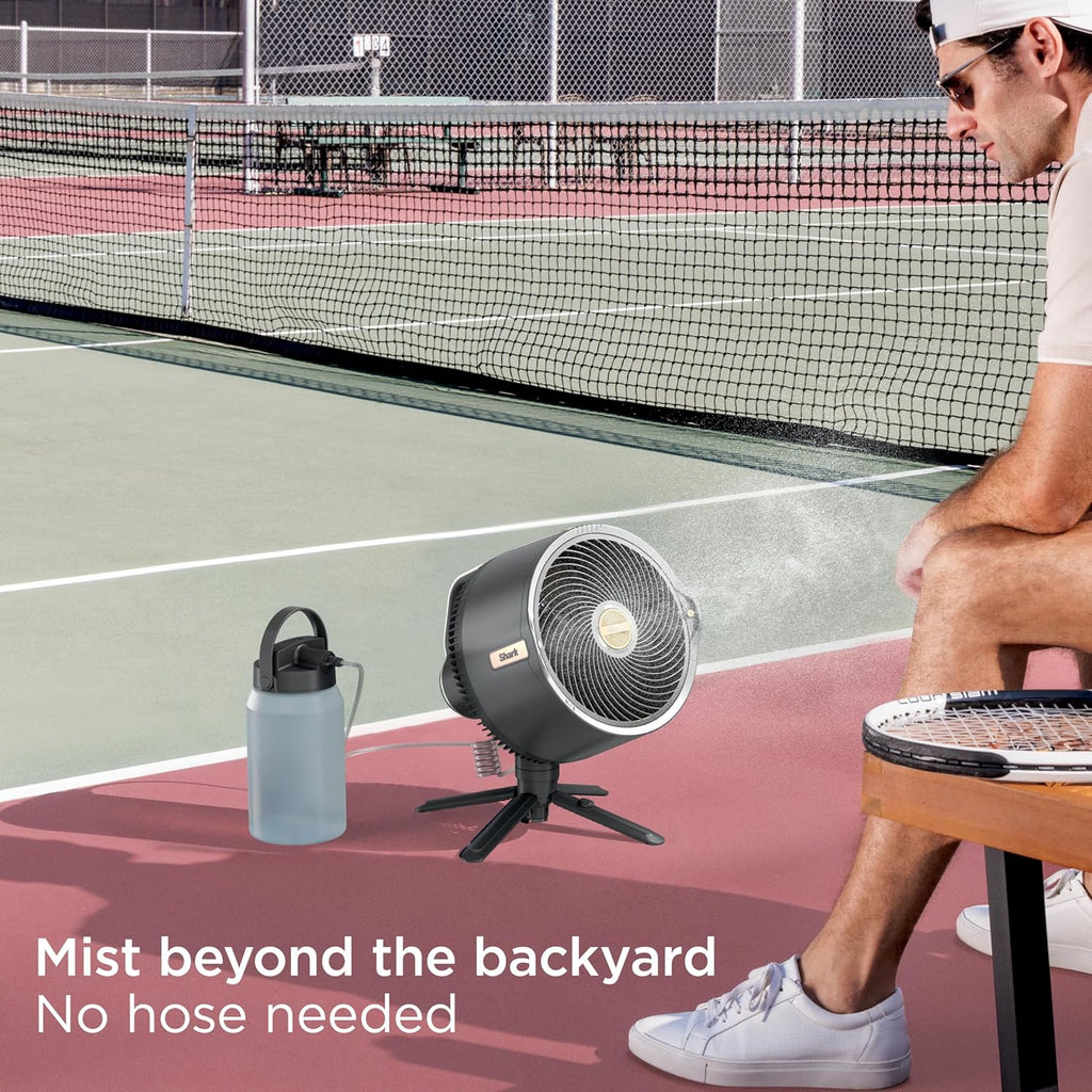 Mist Fan — Indoor & Outdoor, Integrated Misting, Pedestal to Tabletop, Corded or Cordless, Up to 24-Hr Battery, Oscillating, Charcoal Grey